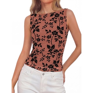 BTFBM Womens Tank Tops 2026 Summer Floral Mesh Sleeveless Boat Neck Slim Fit Shirts Casual Spring Ruched Going Out Top(Brown)