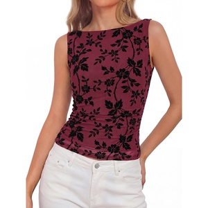 BTFBM Womens Tank Tops 2026 Summer Floral Mesh Sleeveless Boat Neck Slim Fit Shirts Casual Spring Ruched Going Out Top(Burgundy)