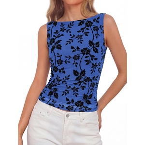BTFBM Womens Tank Tops 2026 Summer Floral Mesh Sleeveless Boat Neck Slim Fit Shirts Casual Spring Ruched Going Out Top(Royal Blue)