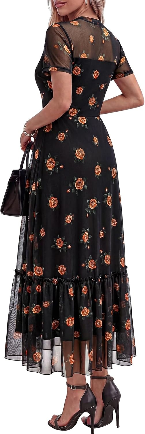 image:imageBTFBM Summer Dresses for Women 2026 Mesh Short Sleeve Floral Print Ruffle Long Boho Wedding Guest Dress CocktailFloral Black Orange