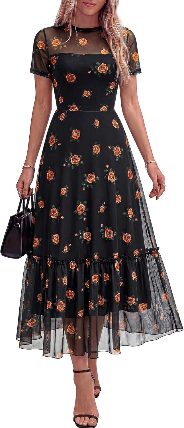 image:imageBTFBM Summer Dresses for Women 2026 Mesh Short Sleeve Floral Print Ruffle Long Boho Wedding Guest Dress CocktailFloral Black Orange