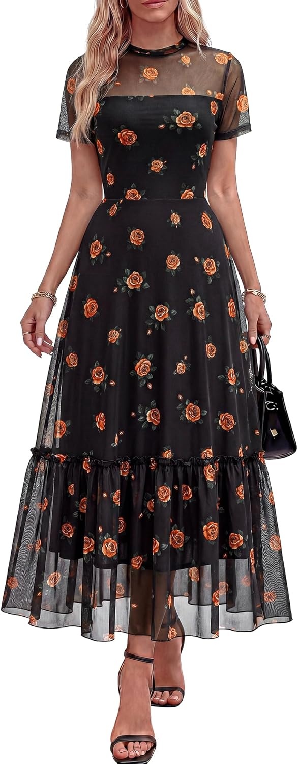 image:imageBTFBM Summer Dresses for Women 2026 Mesh Short Sleeve Floral Print Ruffle Long Boho Wedding Guest Dress CocktailFloral Black Orange