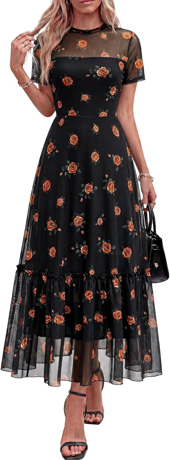 image:imageBTFBM Summer Dresses for Women 2026 Mesh Short Sleeve Floral Print Ruffle Long Boho Wedding Guest Dress CocktailFloral Black Orange