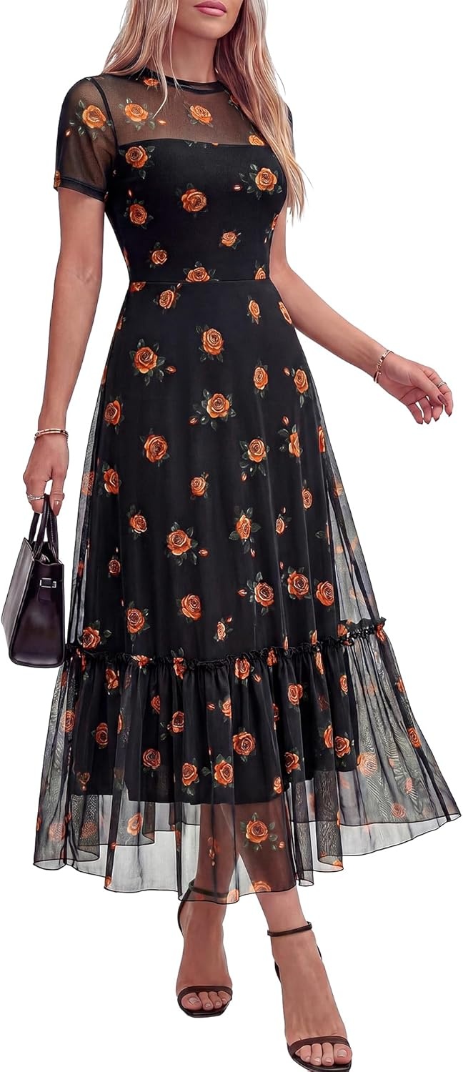 image:imageBTFBM Summer Dresses for Women 2026 Mesh Short Sleeve Floral Print Ruffle Long Boho Wedding Guest Dress CocktailFloral Black Orange