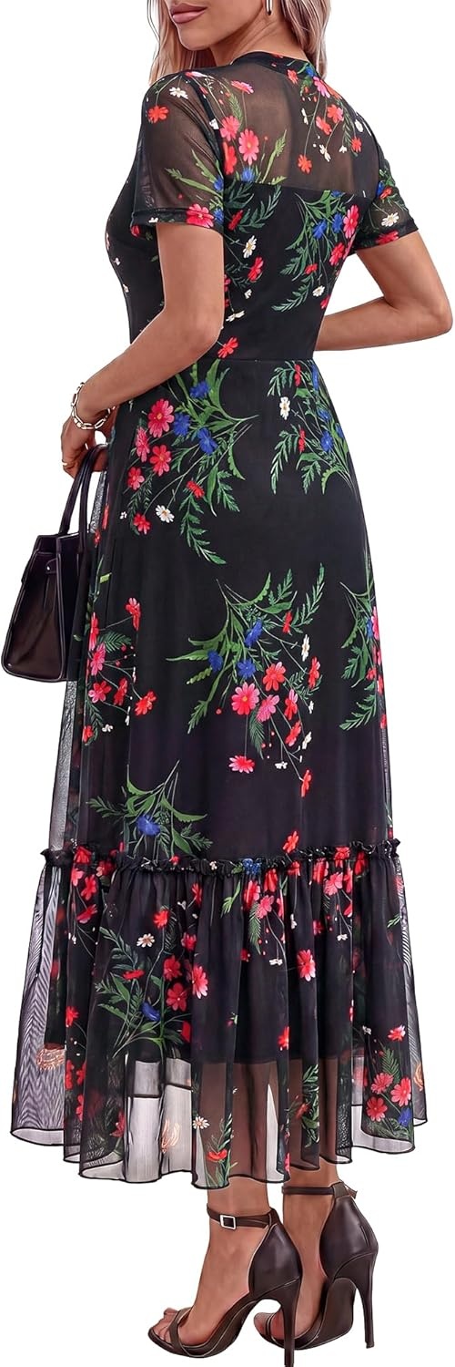 image:imageBTFBM Summer Dresses for Women 2026 Mesh Short Sleeve Floral Print Ruffle Long Boho Wedding Guest Dress CocktailFloral Black Pink