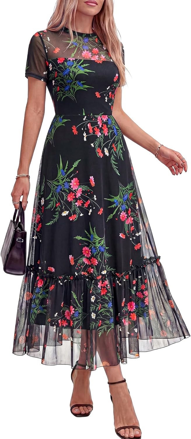 image:imageBTFBM Summer Dresses for Women 2026 Mesh Short Sleeve Floral Print Ruffle Long Boho Wedding Guest Dress CocktailFloral Black Pink