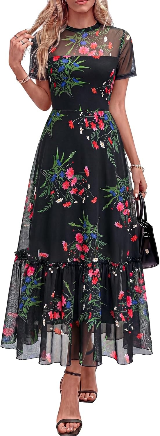 image:imageBTFBM Summer Dresses for Women 2026 Mesh Short Sleeve Floral Print Ruffle Long Boho Wedding Guest Dress CocktailFloral Black Pink