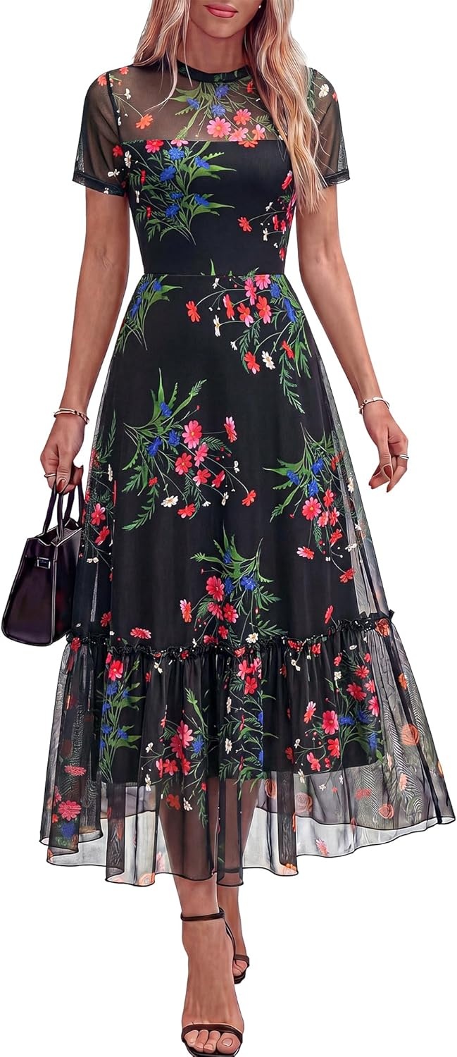 image:imageBTFBM Summer Dresses for Women 2026 Mesh Short Sleeve Floral Print Ruffle Long Boho Wedding Guest Dress CocktailFloral Black Pink