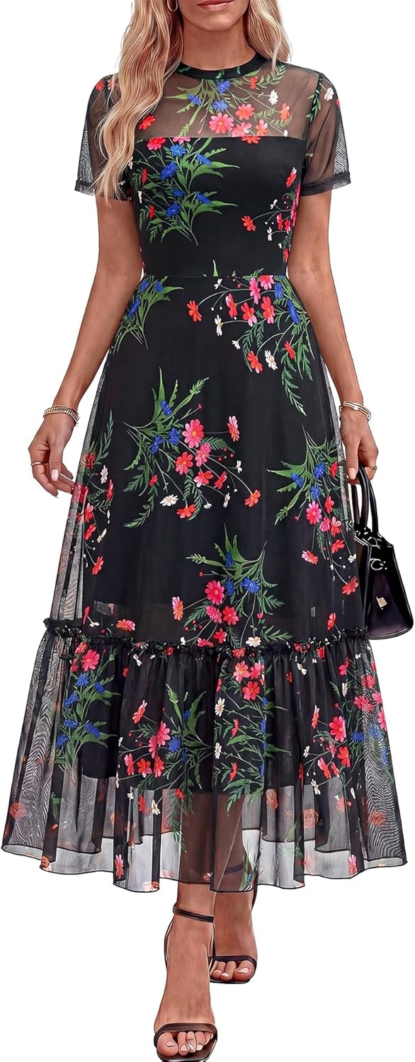 image:imageBTFBM Summer Dresses for Women 2026 Mesh Short Sleeve Floral Print Ruffle Long Boho Wedding Guest Dress CocktailFloral Black Pink