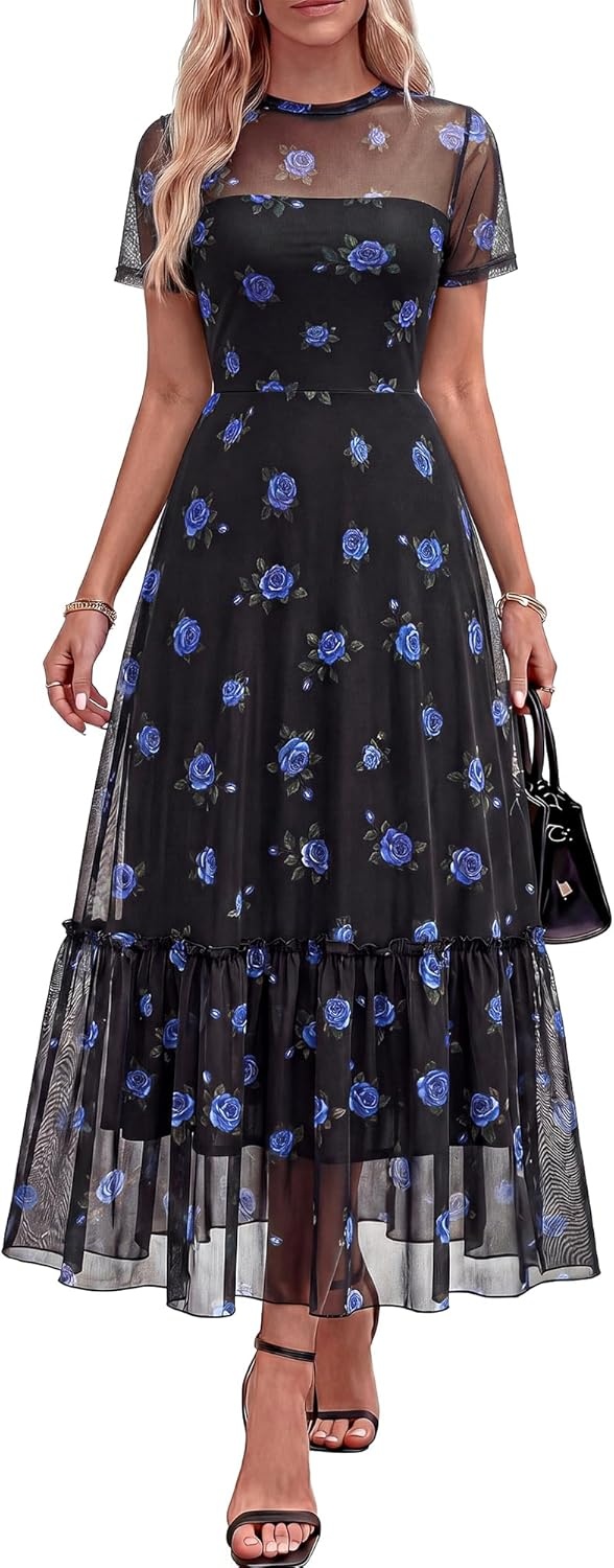 image:imageBTFBM Summer Dresses for Women 2026 Mesh Short Sleeve Floral Print Ruffle Long Boho Wedding Guest Dress CocktailFloral Black Royal Blue