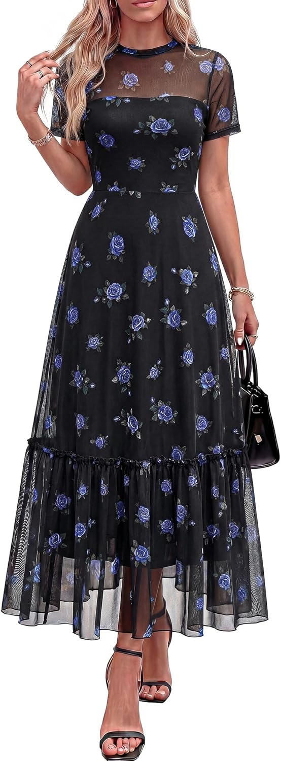 image:imageBTFBM Summer Dresses for Women 2026 Mesh Short Sleeve Floral Print Ruffle Long Boho Wedding Guest Dress CocktailFloral Black Royal Blue