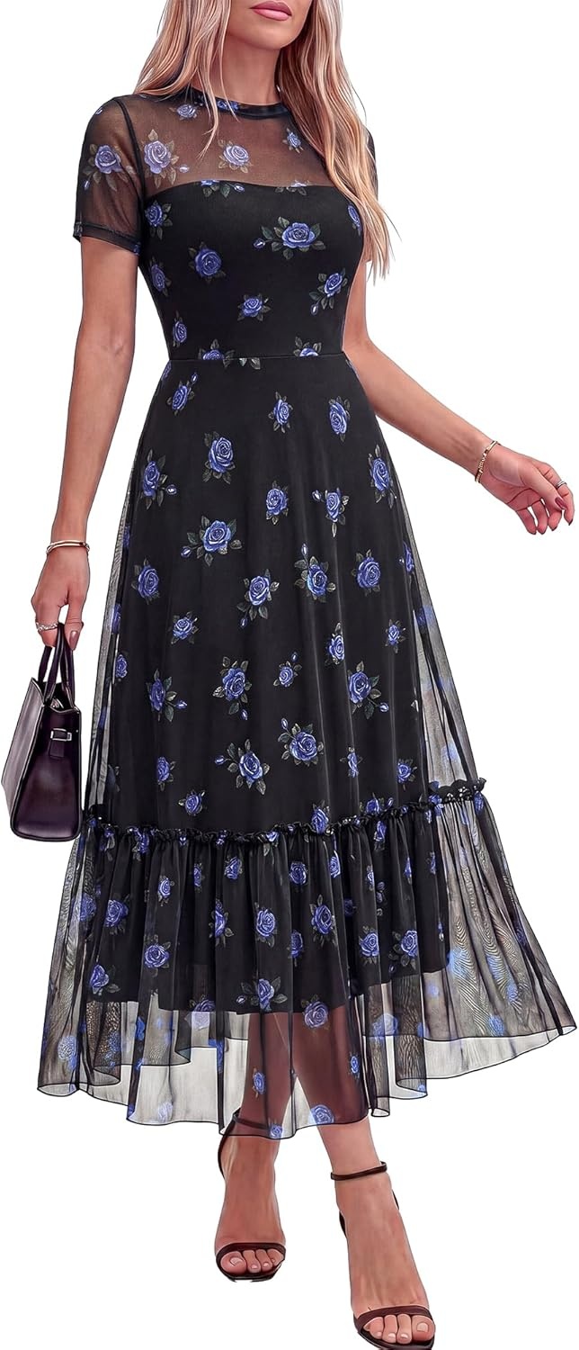 image:imageBTFBM Summer Dresses for Women 2026 Mesh Short Sleeve Floral Print Ruffle Long Boho Wedding Guest Dress CocktailFloral Black Royal Blue