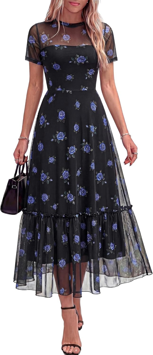 image:imageBTFBM Summer Dresses for Women 2026 Mesh Short Sleeve Floral Print Ruffle Long Boho Wedding Guest Dress CocktailFloral Black Royal Blue