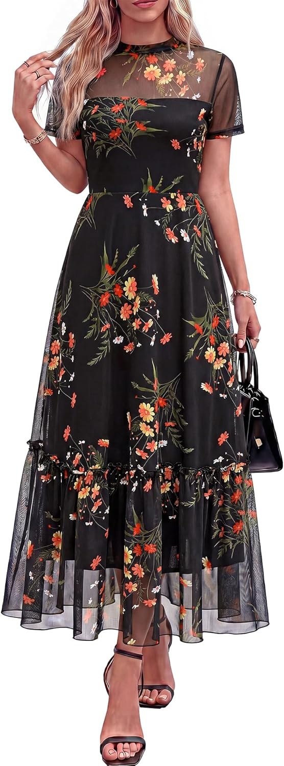 image:imageBTFBM Summer Dresses for Women 2026 Mesh Short Sleeve Floral Print Ruffle Long Boho Wedding Guest Dress CocktailFloral Black Yellow