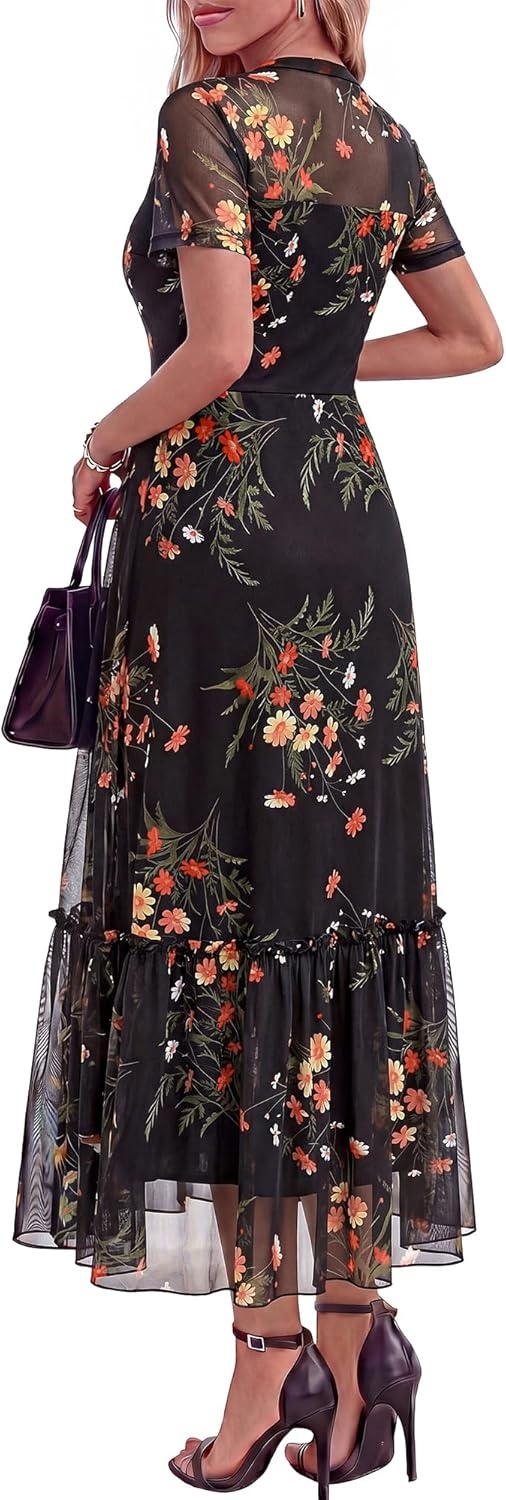image:imageBTFBM Summer Dresses for Women 2026 Mesh Short Sleeve Floral Print Ruffle Long Boho Wedding Guest Dress CocktailFloral Black Yellow