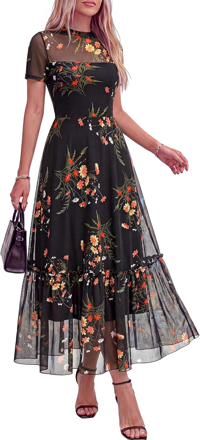 image:imageBTFBM Summer Dresses for Women 2026 Mesh Short Sleeve Floral Print Ruffle Long Boho Wedding Guest Dress CocktailFloral Black Yellow