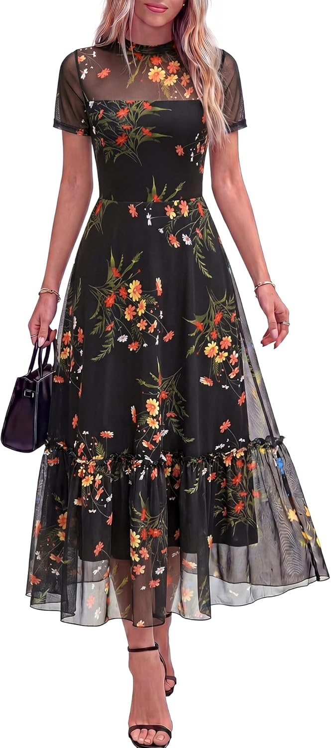 image:imageBTFBM Summer Dresses for Women 2026 Mesh Short Sleeve Floral Print Ruffle Long Boho Wedding Guest Dress CocktailFloral Black Yellow