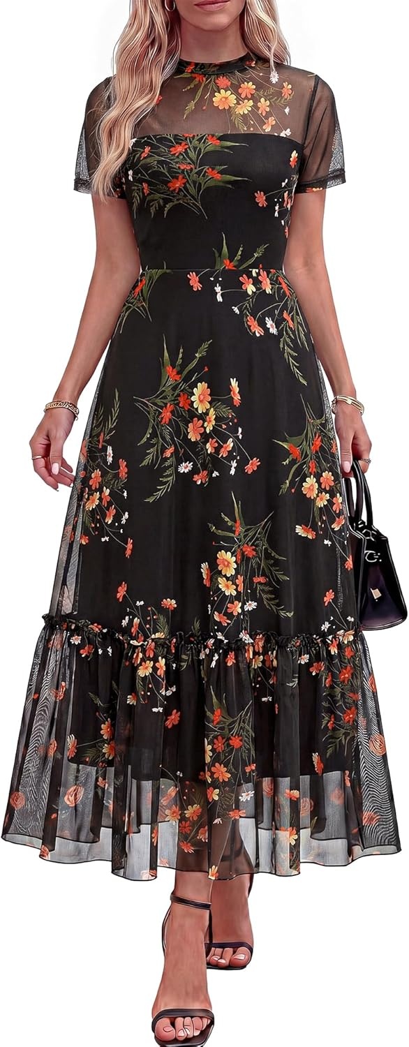 image:imageBTFBM Summer Dresses for Women 2026 Mesh Short Sleeve Floral Print Ruffle Long Boho Wedding Guest Dress CocktailFloral Black Yellow