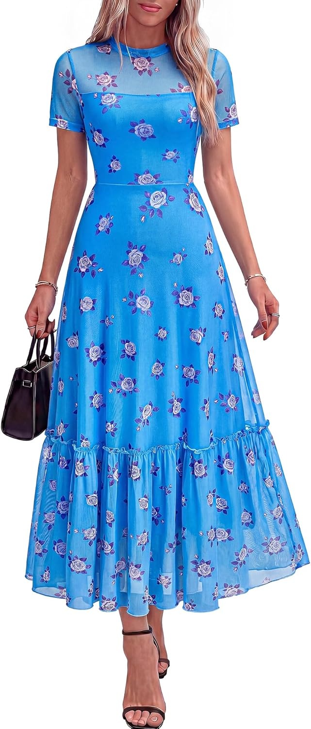 image:imageBTFBM Summer Dresses for Women 2026 Mesh Short Sleeve Floral Print Ruffle Long Boho Wedding Guest Dress CocktailFloral Light Blue Purple
