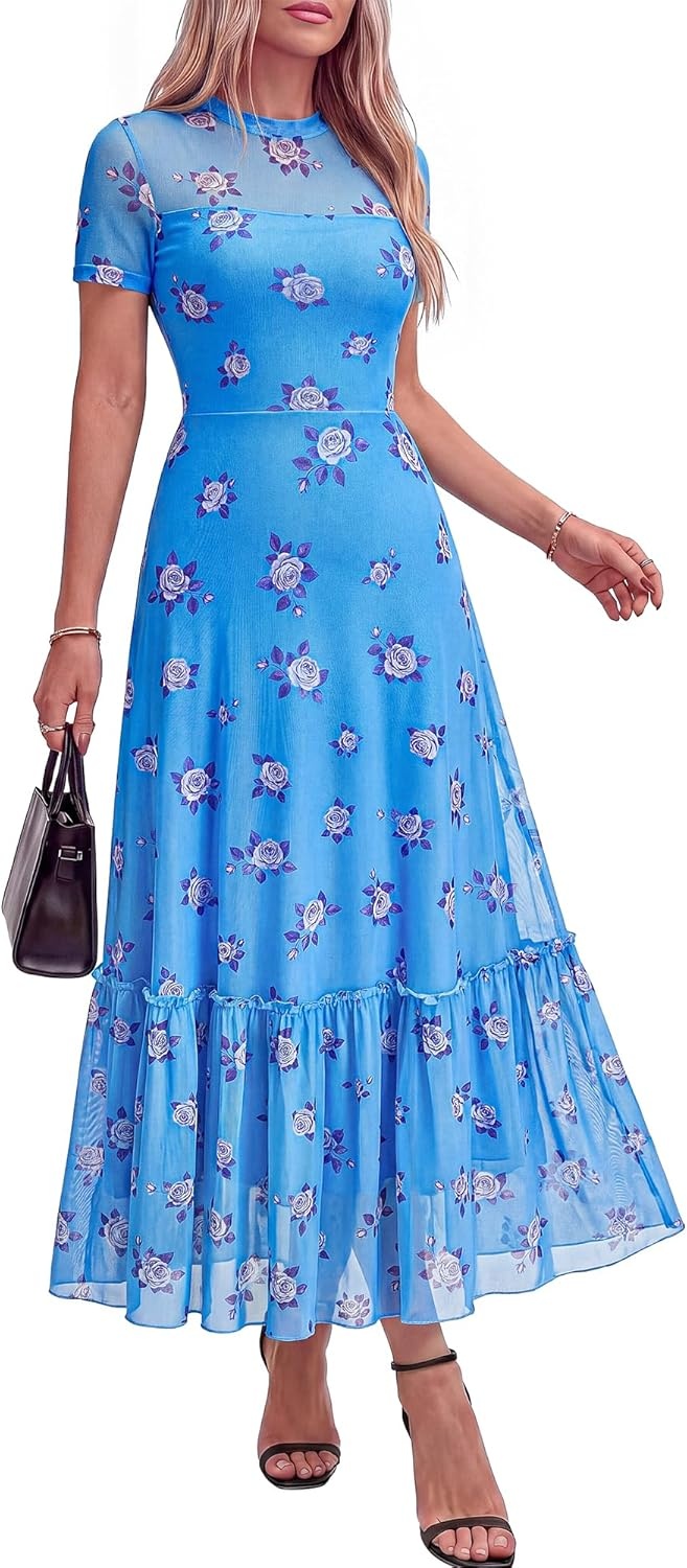 image:imageBTFBM Summer Dresses for Women 2026 Mesh Short Sleeve Floral Print Ruffle Long Boho Wedding Guest Dress CocktailFloral Light Blue Purple