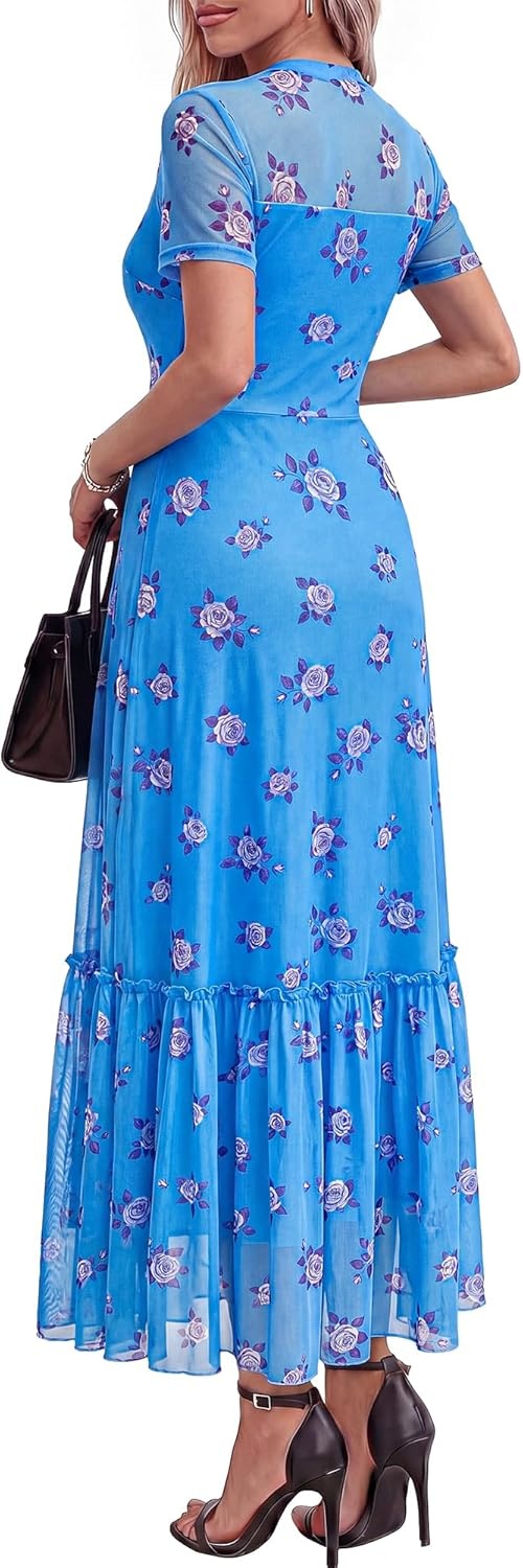 image:imageBTFBM Summer Dresses for Women 2026 Mesh Short Sleeve Floral Print Ruffle Long Boho Wedding Guest Dress CocktailFloral Light Blue Purple