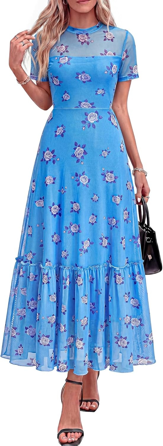 image:imageBTFBM Summer Dresses for Women 2026 Mesh Short Sleeve Floral Print Ruffle Long Boho Wedding Guest Dress CocktailFloral Light Blue Purple