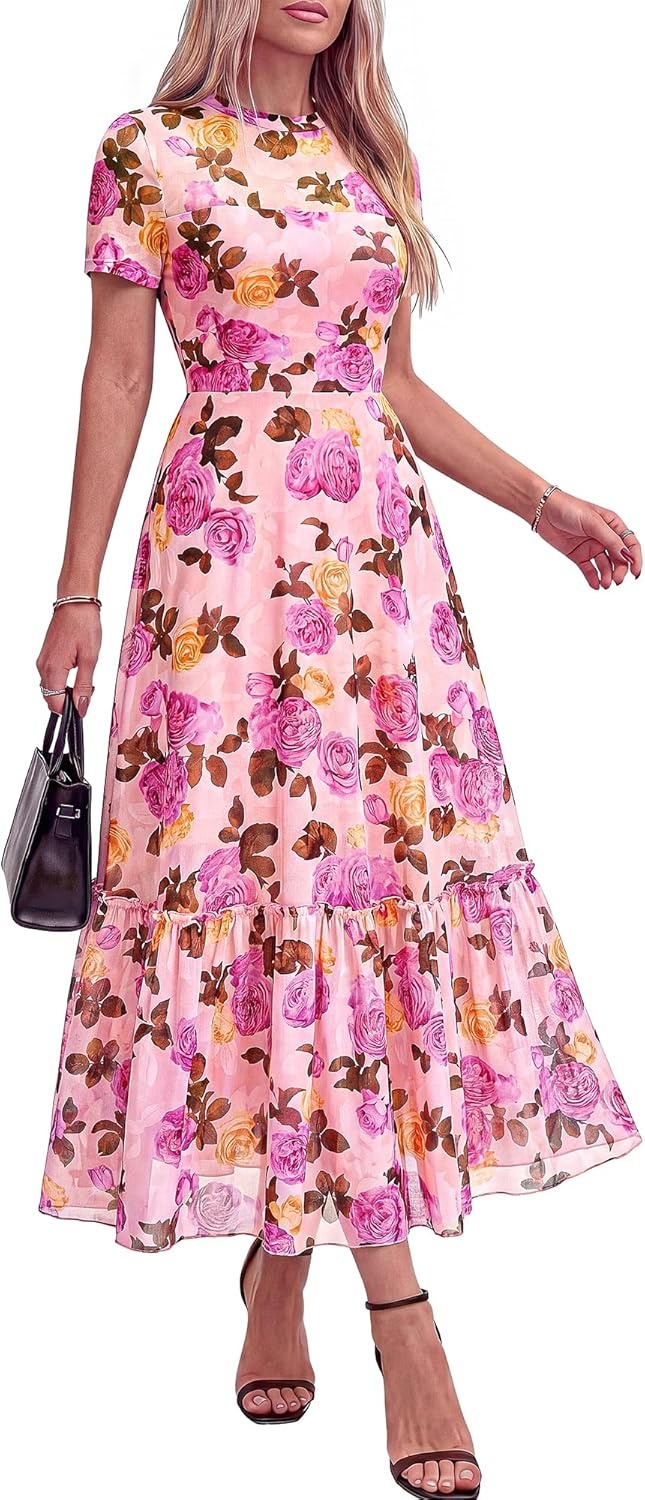 image:imageBTFBM Summer Dresses for Women 2026 Mesh Short Sleeve Floral Print Ruffle Long Boho Wedding Guest Dress CocktailFloral Pink Purple
