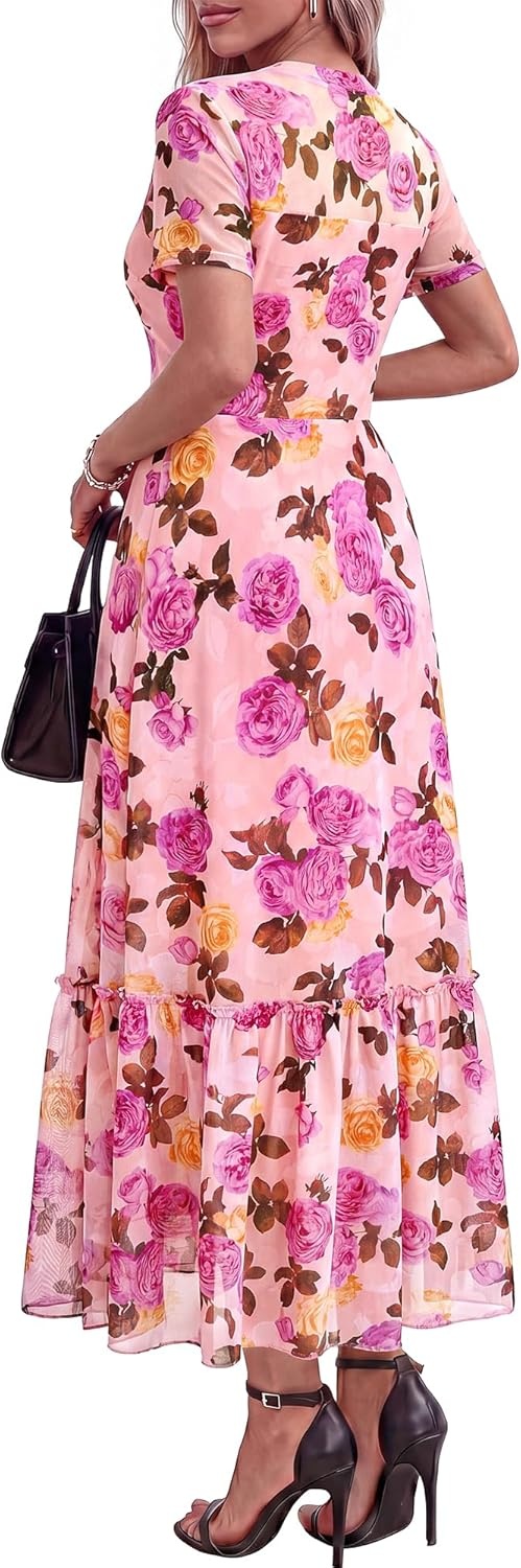 image:imageBTFBM Summer Dresses for Women 2026 Mesh Short Sleeve Floral Print Ruffle Long Boho Wedding Guest Dress CocktailFloral Pink Purple