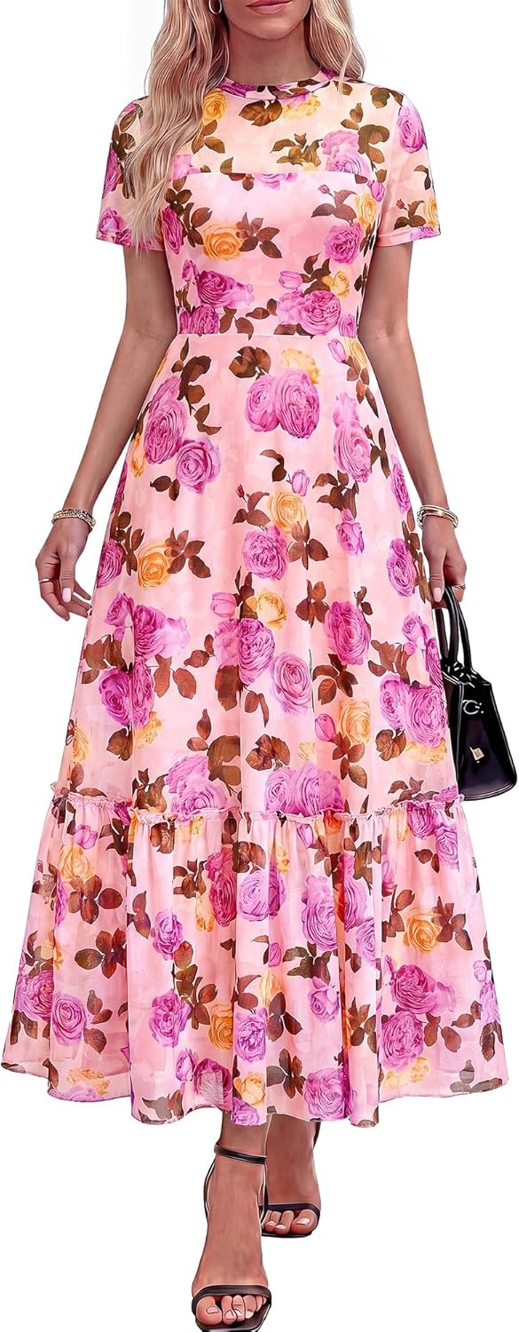 image:imageBTFBM Summer Dresses for Women 2026 Mesh Short Sleeve Floral Print Ruffle Long Boho Wedding Guest Dress CocktailFloral Pink Purple