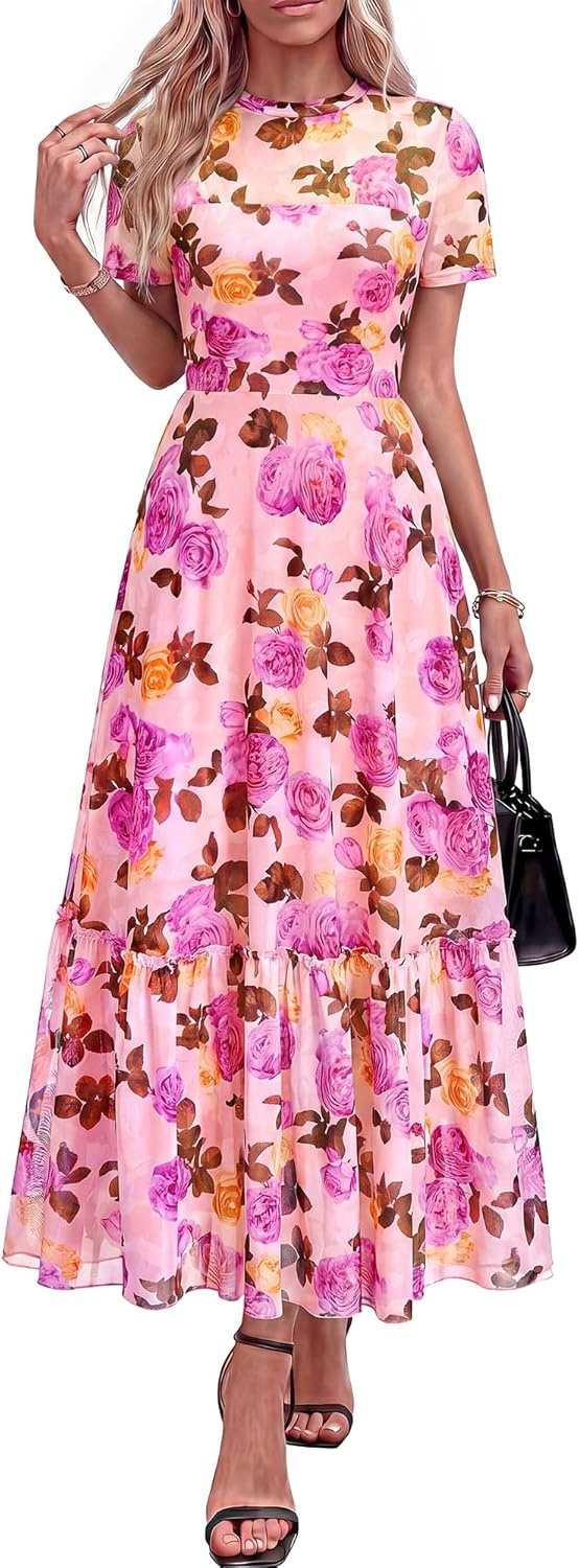 image:imageBTFBM Summer Dresses for Women 2026 Mesh Short Sleeve Floral Print Ruffle Long Boho Wedding Guest Dress CocktailFloral Pink Purple