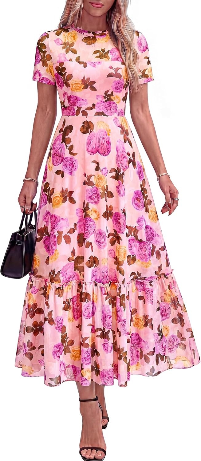 image:imageBTFBM Summer Dresses for Women 2026 Mesh Short Sleeve Floral Print Ruffle Long Boho Wedding Guest Dress CocktailFloral Pink Purple
