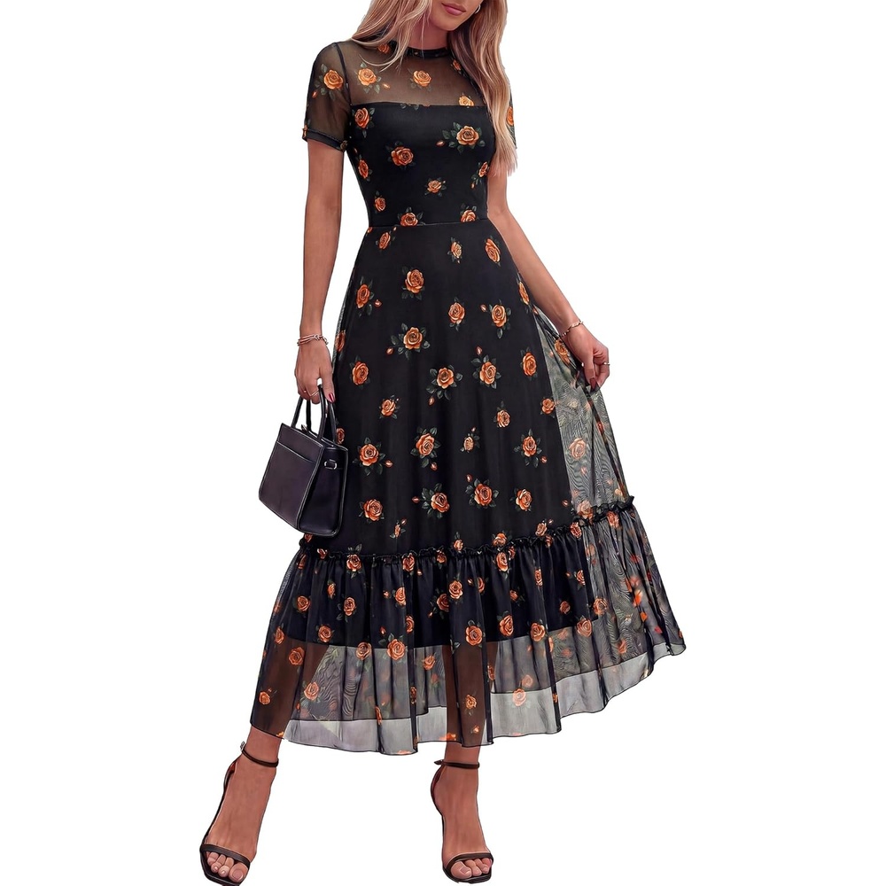 image:imageBTFBM Summer Dresses for Women 2026 Mesh Short Sleeve Floral Print Ruffle Long Boho Wedding Guest Dress CocktailFloral Black Orange