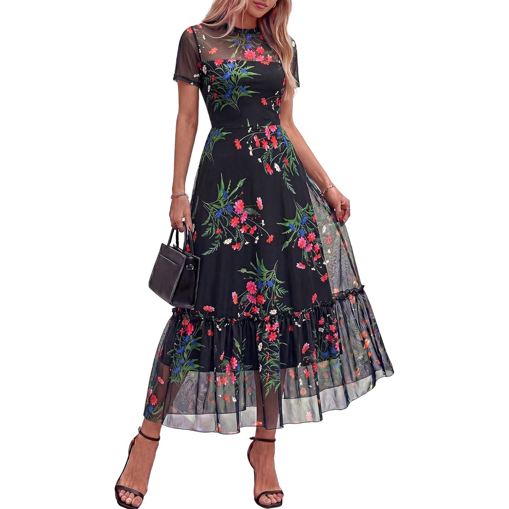 image:imageBTFBM Summer Dresses for Women 2026 Mesh Short Sleeve Floral Print Ruffle Long Boho Wedding Guest Dress CocktailFloral Black Pink