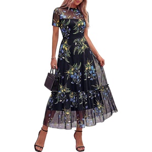 BTFBM Summer Dresses for Women 2026 Mesh Short Sleeve Floral Print Ruffle Long Boho Wedding Guest Dress Cocktail(Floral Black Blue)