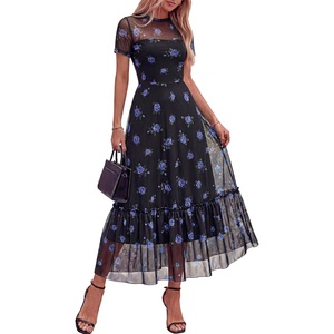 BTFBM Summer Dresses for Women 2026 Mesh Short Sleeve Floral Print Ruffle Long Boho Wedding Guest Dress Cocktail(Floral Black Royal Blue)