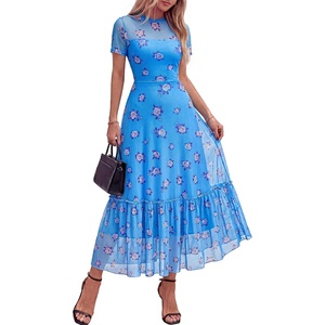 BTFBM Summer Dresses for Women 2026 Mesh Short Sleeve Floral Print Ruffle Long Boho Wedding Guest Dress Cocktail(Floral Light Blue Purple)