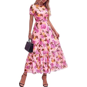 BTFBM Summer Dresses for Women 2026 Mesh Short Sleeve Floral Print Ruffle Long Boho Wedding Guest Dress Cocktail(Floral Pink Purple)
