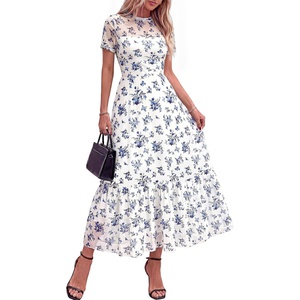 BTFBM Summer Dresses for Women 2026 Mesh Short Sleeve Floral Print Ruffle Long Boho Wedding Guest Dress Cocktail(Floral White Blue)