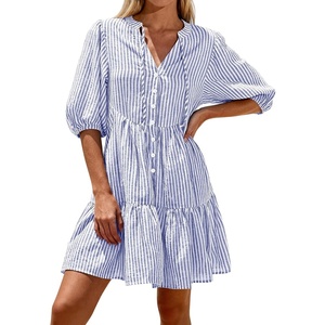BTFBM Womens Summer Dresses 2026 Striped Mini Dress Half Sleeve Button Down Casual Flowy Beach Vacation Outfits Pockets