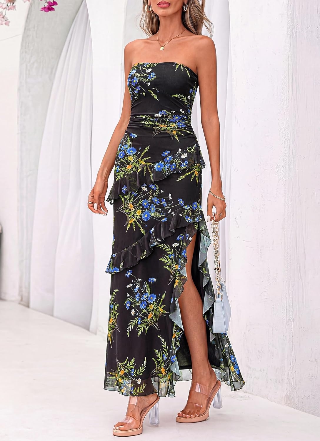image:imageBTFBM Off The Shoulder Dresses for Women Summer 2026 Strapless Ruffle Slit Formal Wedding Guest Dress Cocktail PartyFloral Black Blue
