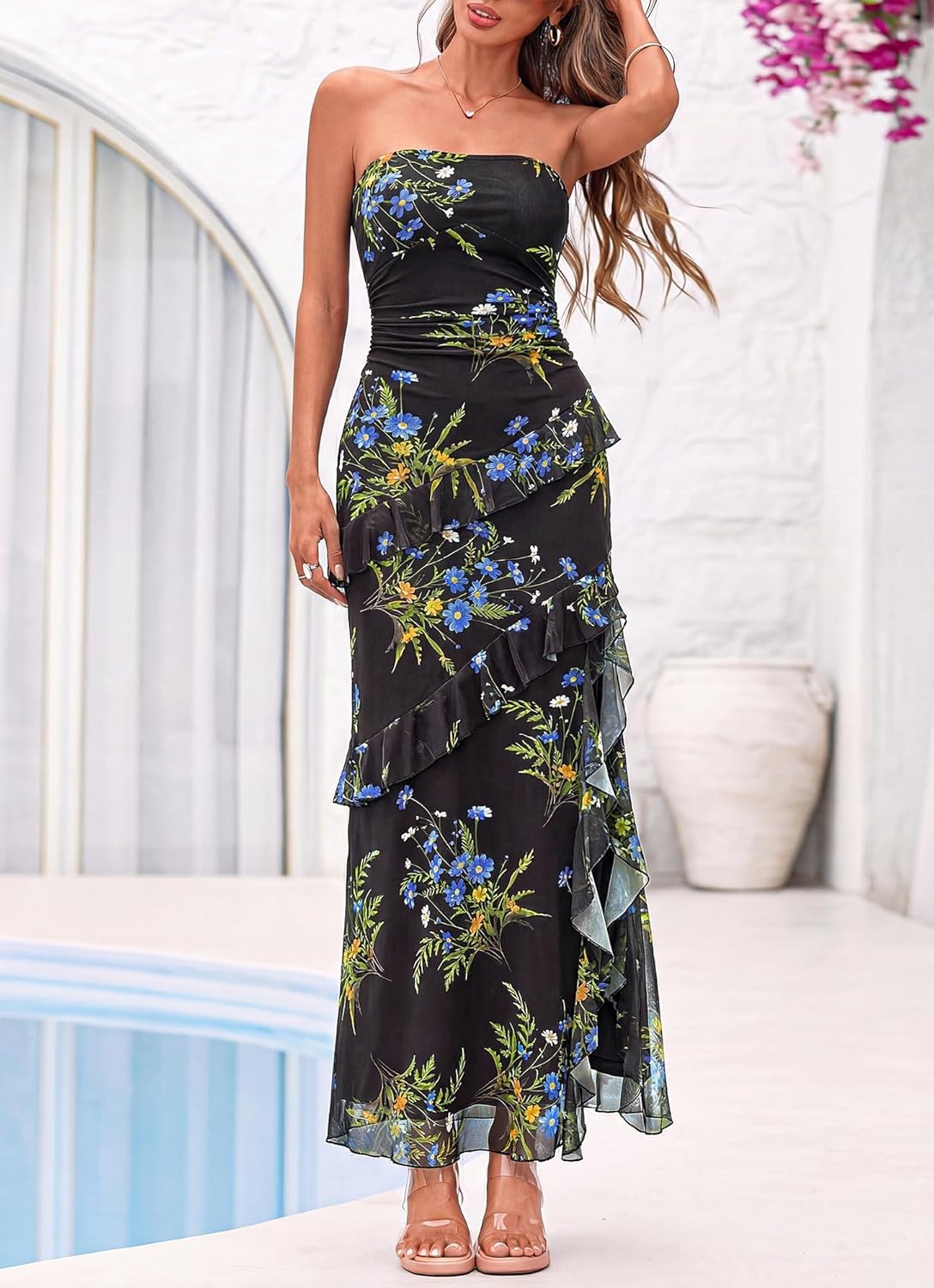 image:imageBTFBM Off The Shoulder Dresses for Women Summer 2026 Strapless Ruffle Slit Formal Wedding Guest Dress Cocktail PartyFloral Black Blue