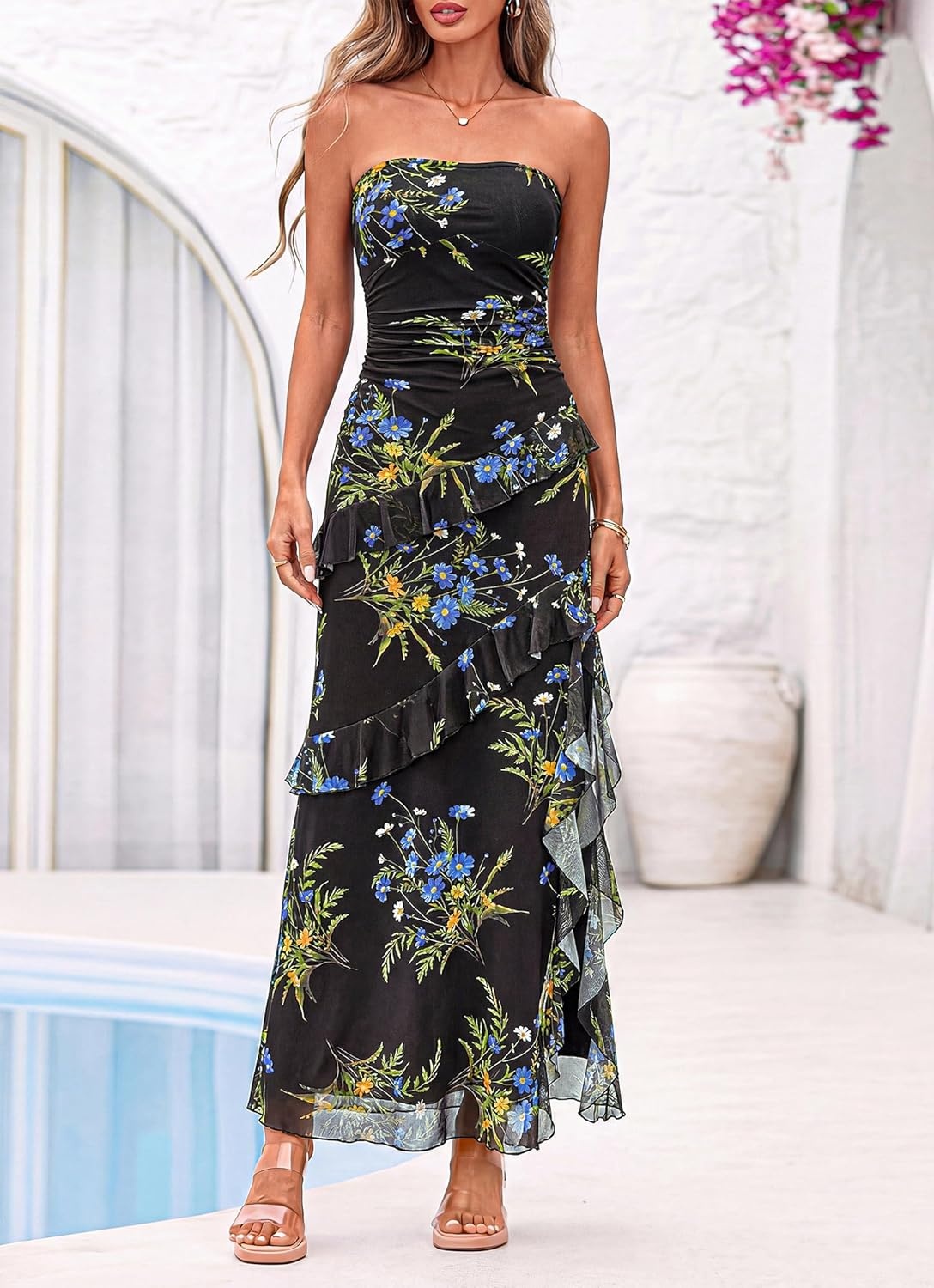 image:imageBTFBM Off The Shoulder Dresses for Women Summer 2026 Strapless Ruffle Slit Formal Wedding Guest Dress Cocktail PartyFloral Black Blue