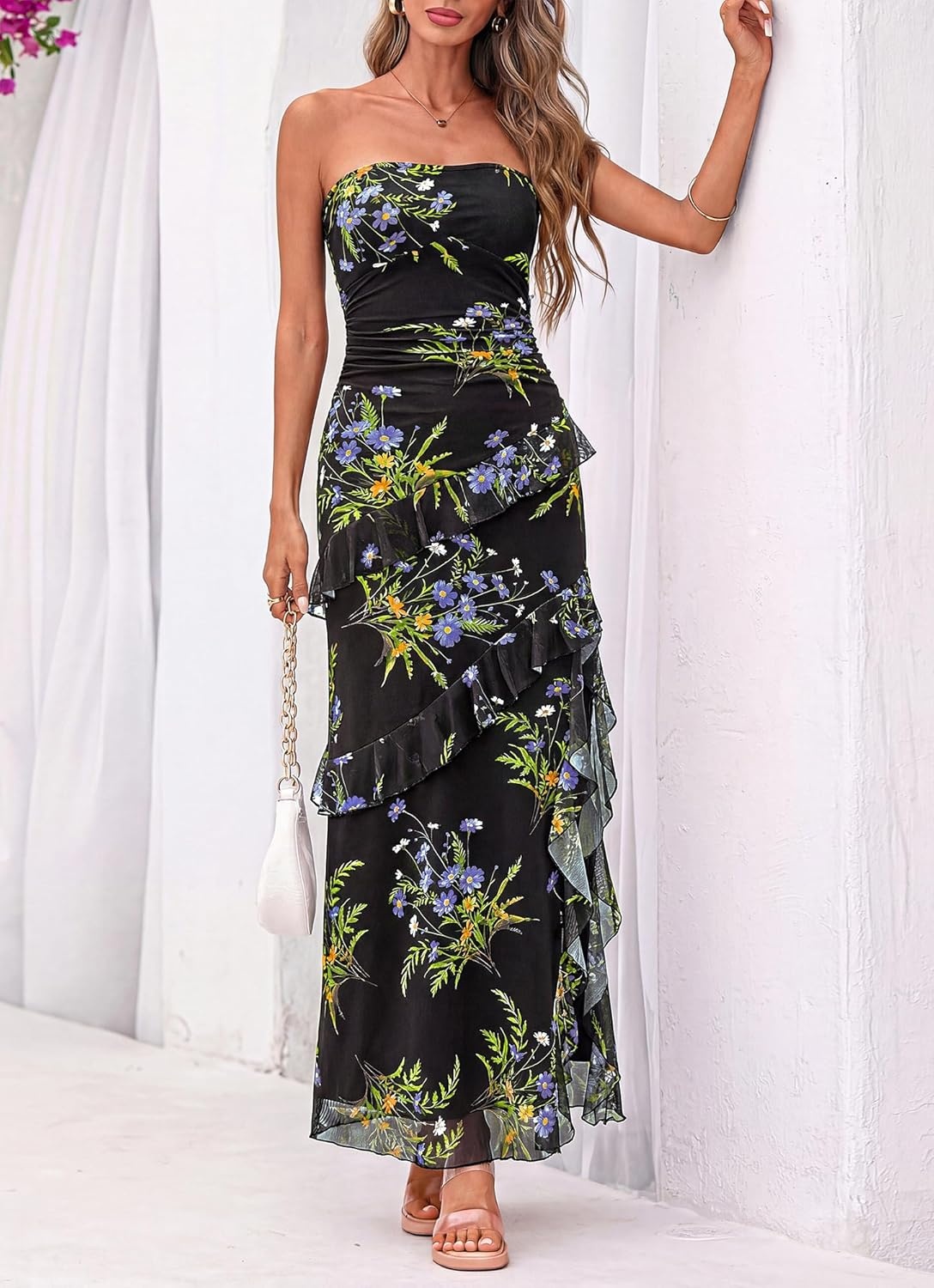 image:imageBTFBM Off The Shoulder Dresses for Women Summer 2026 Strapless Ruffle Slit Formal Wedding Guest Dress Cocktail PartyFloral Black Blue