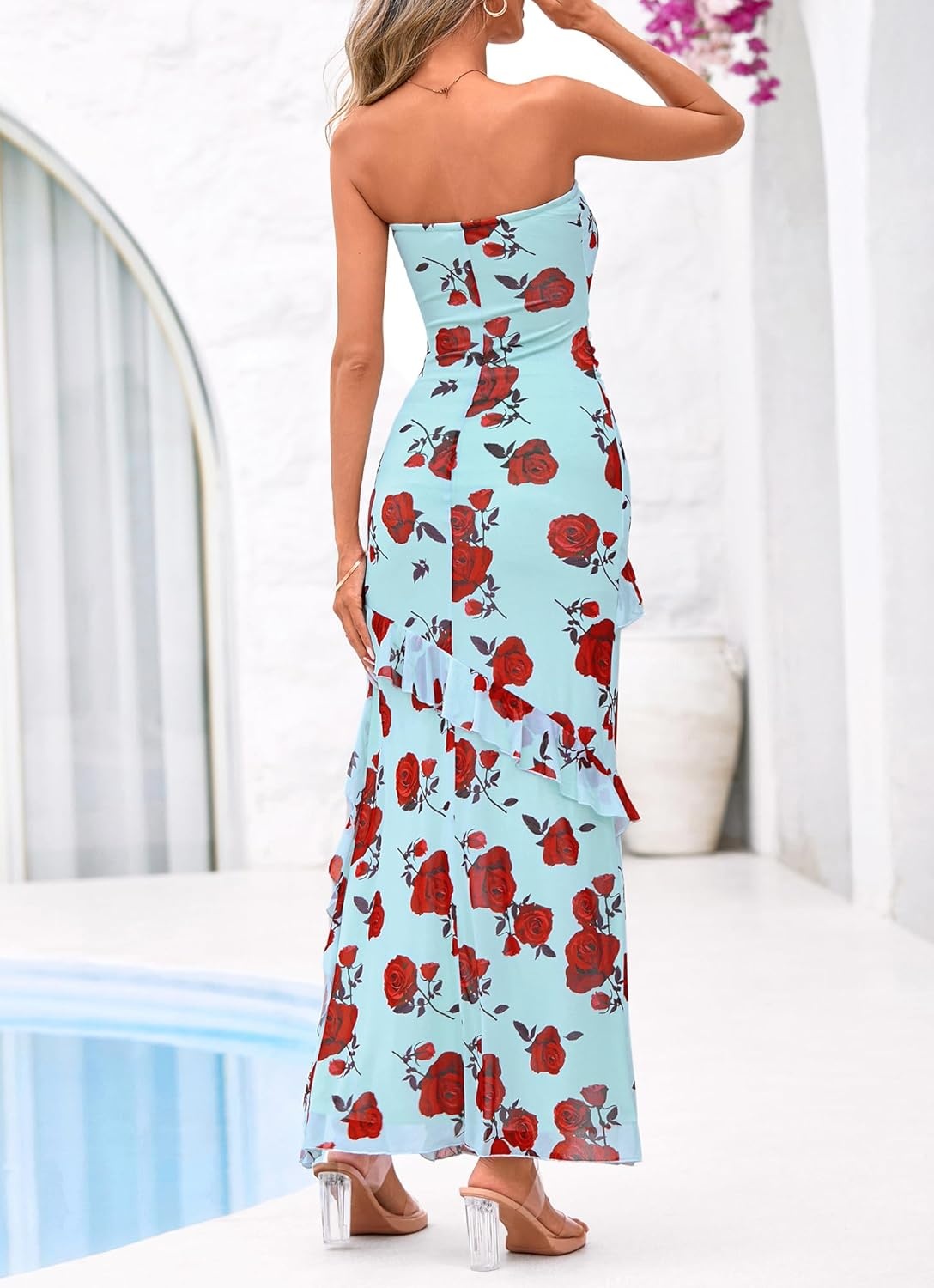 image:imageBTFBM Off The Shoulder Dresses for Women Summer 2026 Strapless Ruffle Slit Formal Wedding Guest Dress Cocktail PartyFloral Blue Rose