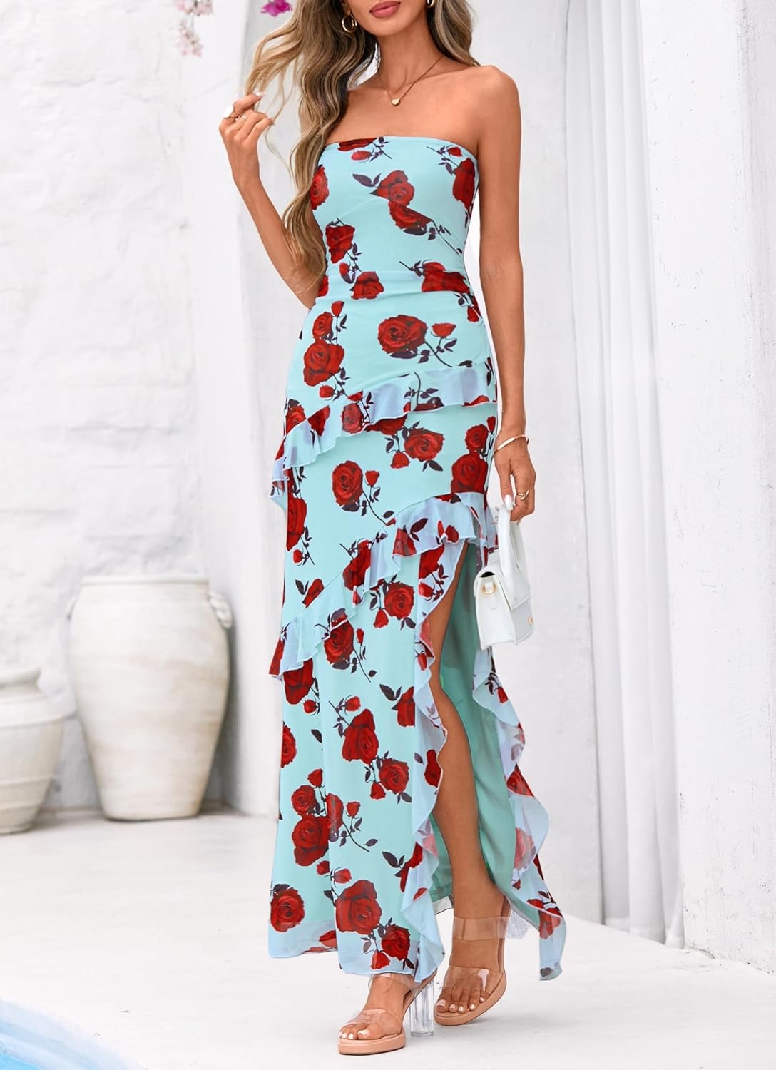 image:imageBTFBM Off The Shoulder Dresses for Women Summer 2026 Strapless Ruffle Slit Formal Wedding Guest Dress Cocktail PartyFloral Blue Rose