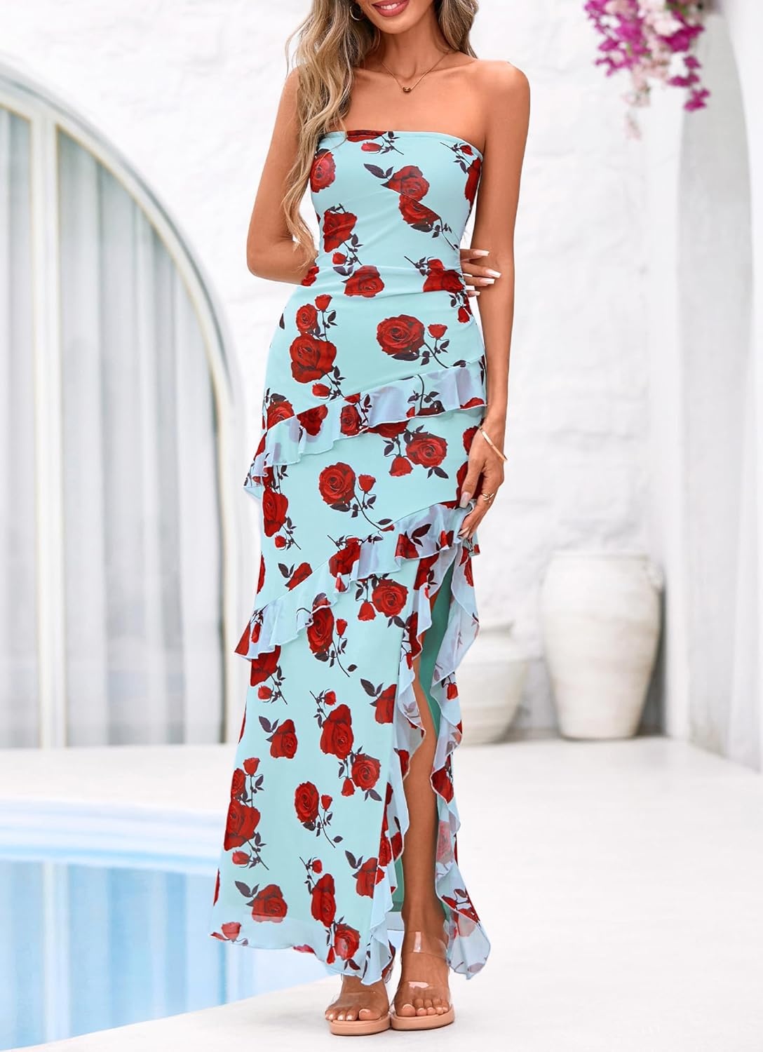 image:imageBTFBM Off The Shoulder Dresses for Women Summer 2026 Strapless Ruffle Slit Formal Wedding Guest Dress Cocktail PartyFloral Blue Rose