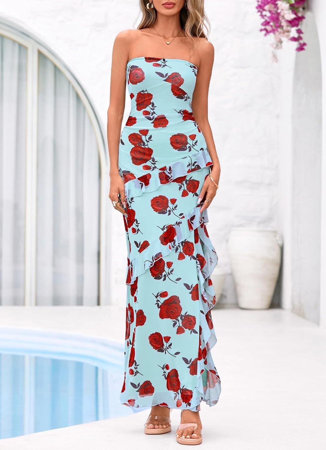 image:imageBTFBM Off The Shoulder Dresses for Women Summer 2026 Strapless Ruffle Slit Formal Wedding Guest Dress Cocktail PartyFloral Blue Rose