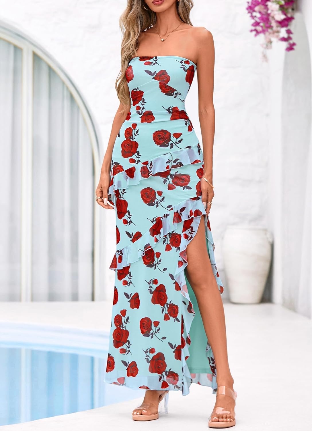 image:imageBTFBM Off The Shoulder Dresses for Women Summer 2026 Strapless Ruffle Slit Formal Wedding Guest Dress Cocktail PartyFloral Blue Rose