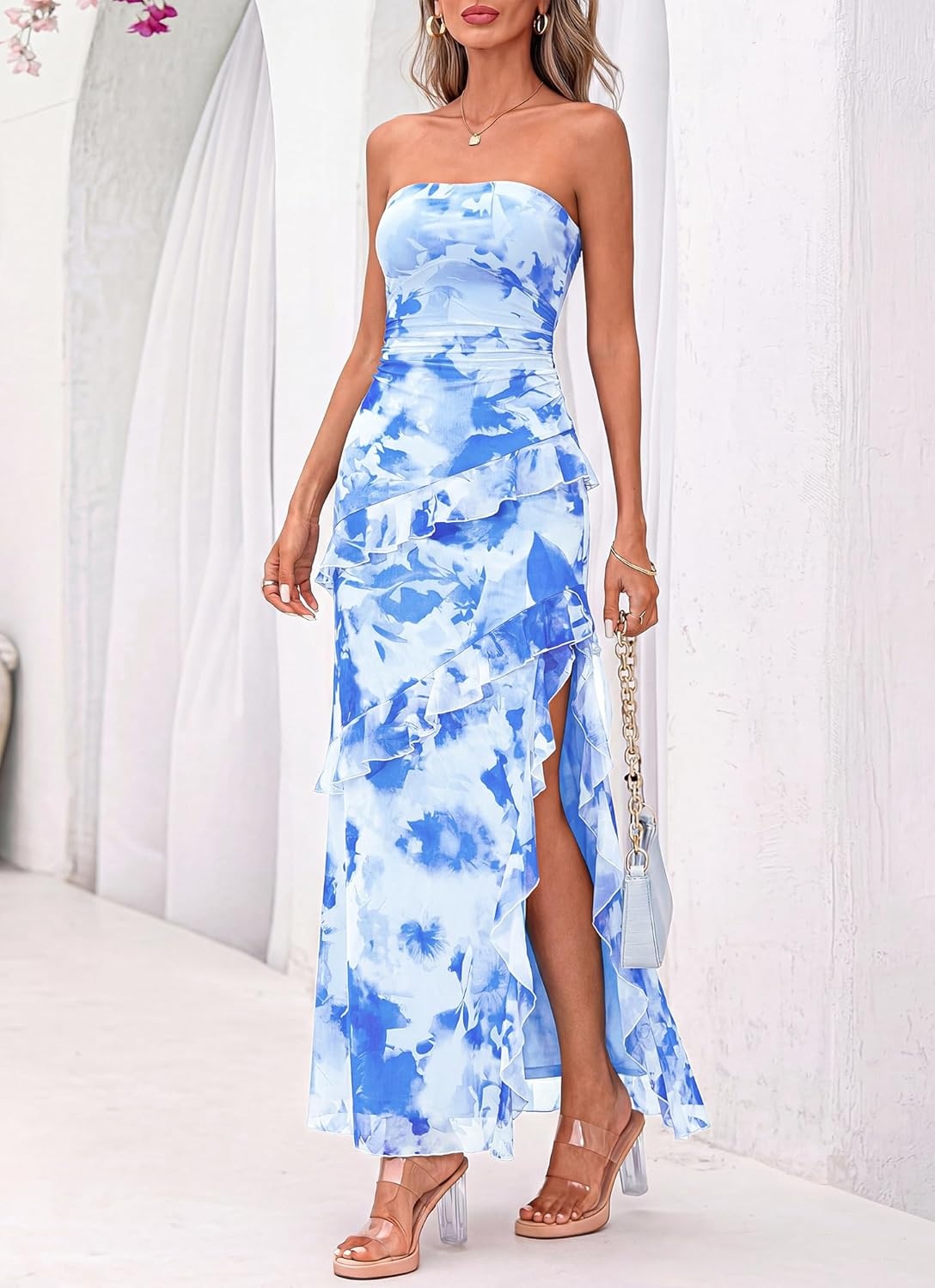 image:imageBTFBM Off The Shoulder Dresses for Women Summer 2026 Strapless Ruffle Slit Formal Wedding Guest Dress Cocktail PartyFloral Light Blue