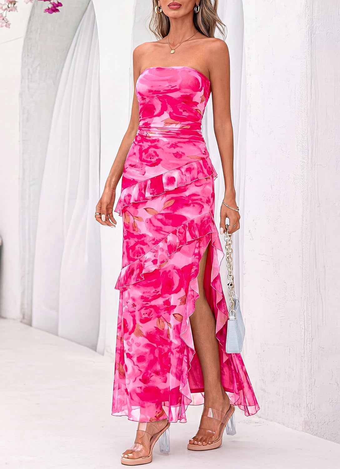 image:imageBTFBM Off The Shoulder Dresses for Women Summer 2026 Strapless Ruffle Slit Formal Wedding Guest Dress Cocktail PartyFloral Pink
